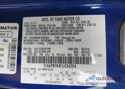 2015 Ford Mustang z USA, uszkodzony, nr VIN 1FA6P8TH4F5434204